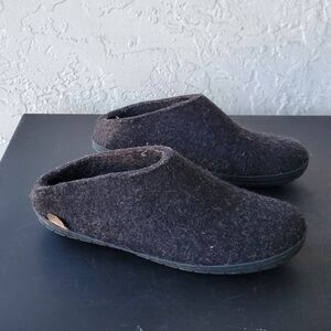 Glerups Slip On Slippers Leather Sole Women's 39 US 8.5 Black Wool